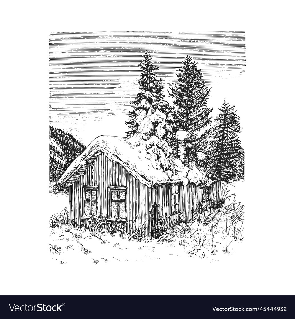 Abandoned house in winter hand drawn sketch