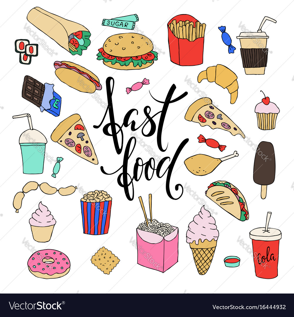 Big Set Hand Drawn Doodle Fast Food Royalty Free Vector