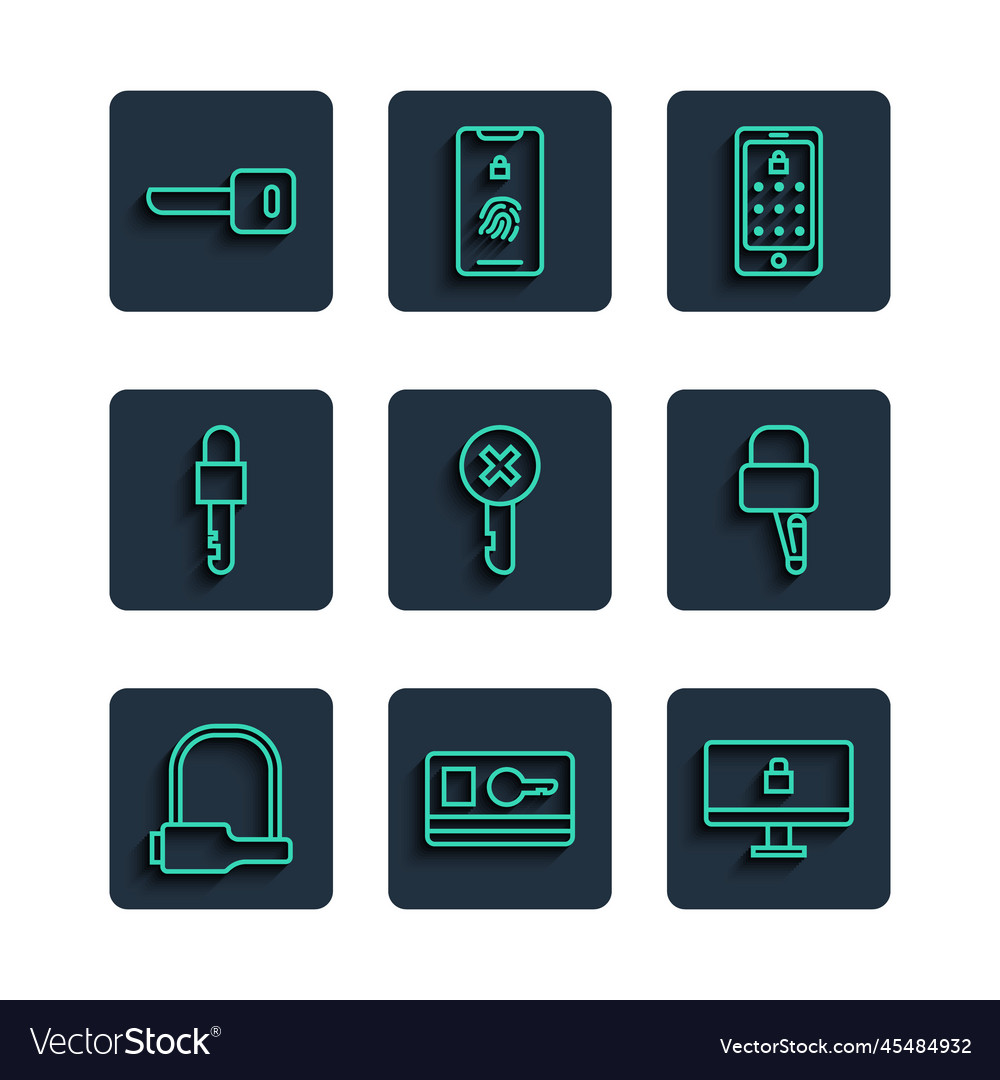 Set line bicycle lock key card on computer vector image Set line bicycle lock key card on computer
