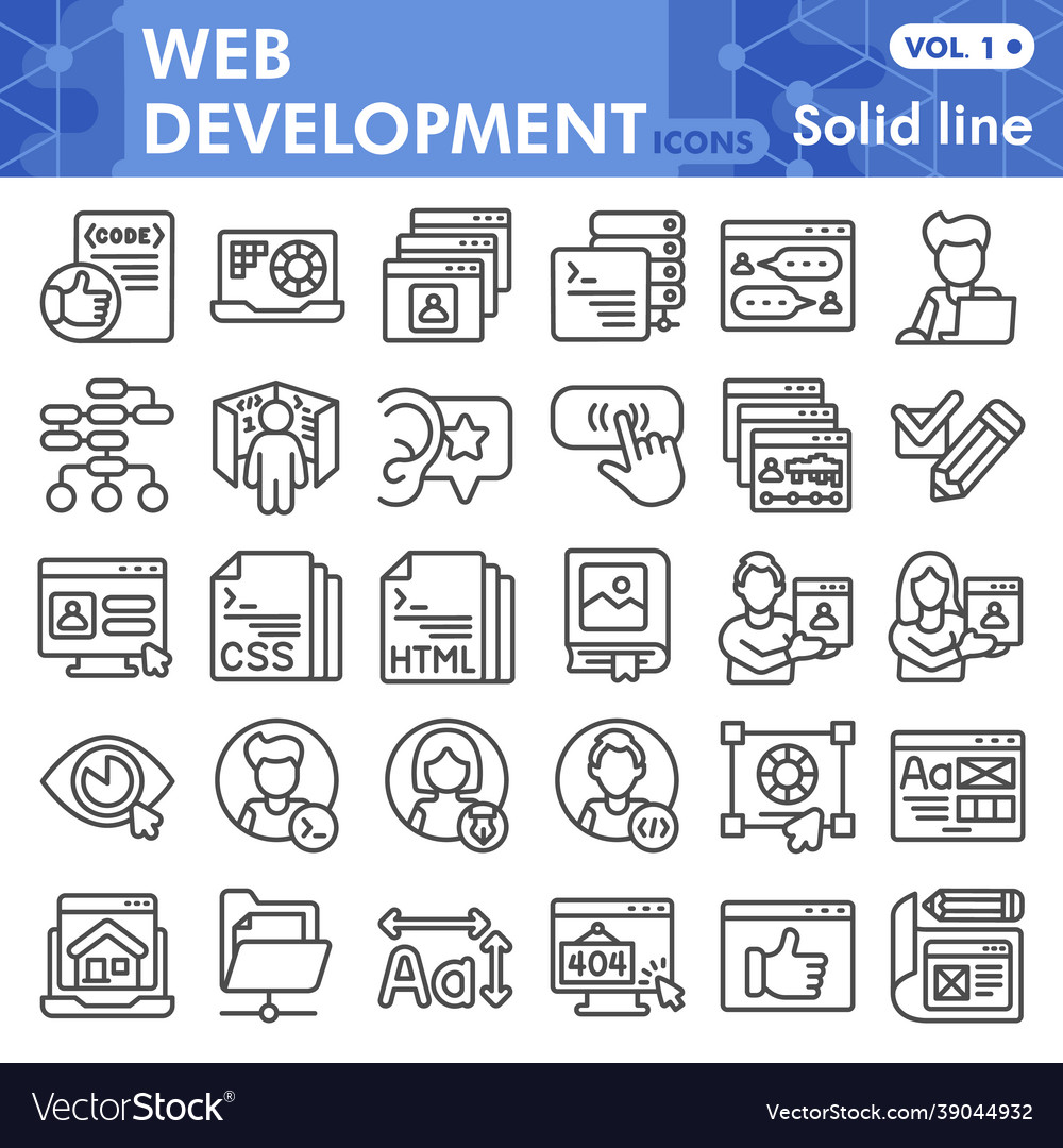 Web development line icon set website design vector image Web development line icon set website design