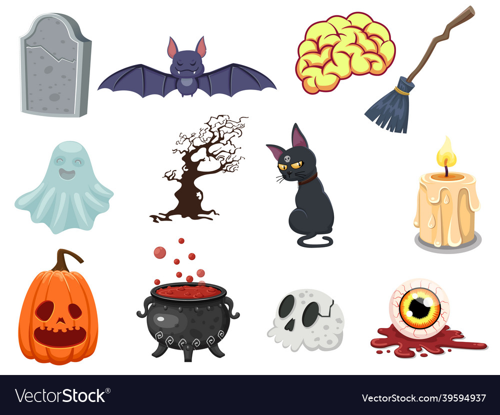 Cartoon halloween icon set pumpkin ghost