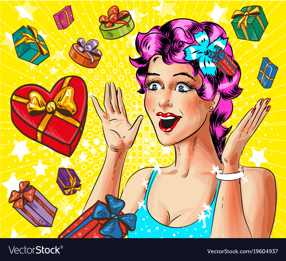 Pop art happy young woman with gift boxes Vector Image