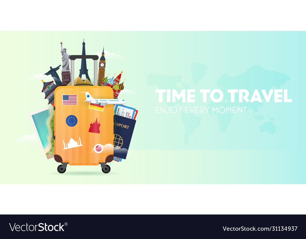 Time to travel banner with travel bag vacation Vector Image