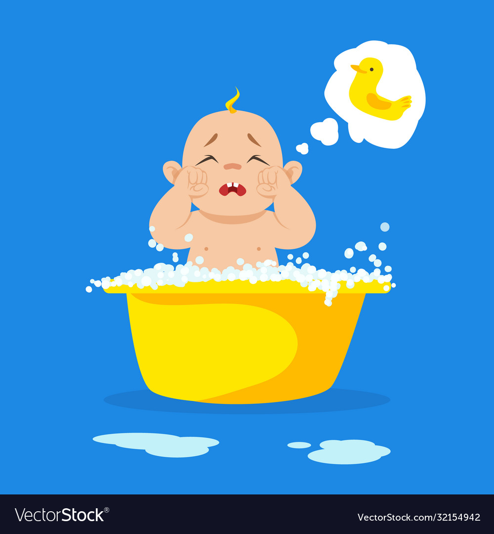 Crying baby taking bath and dreaming about Vector Image