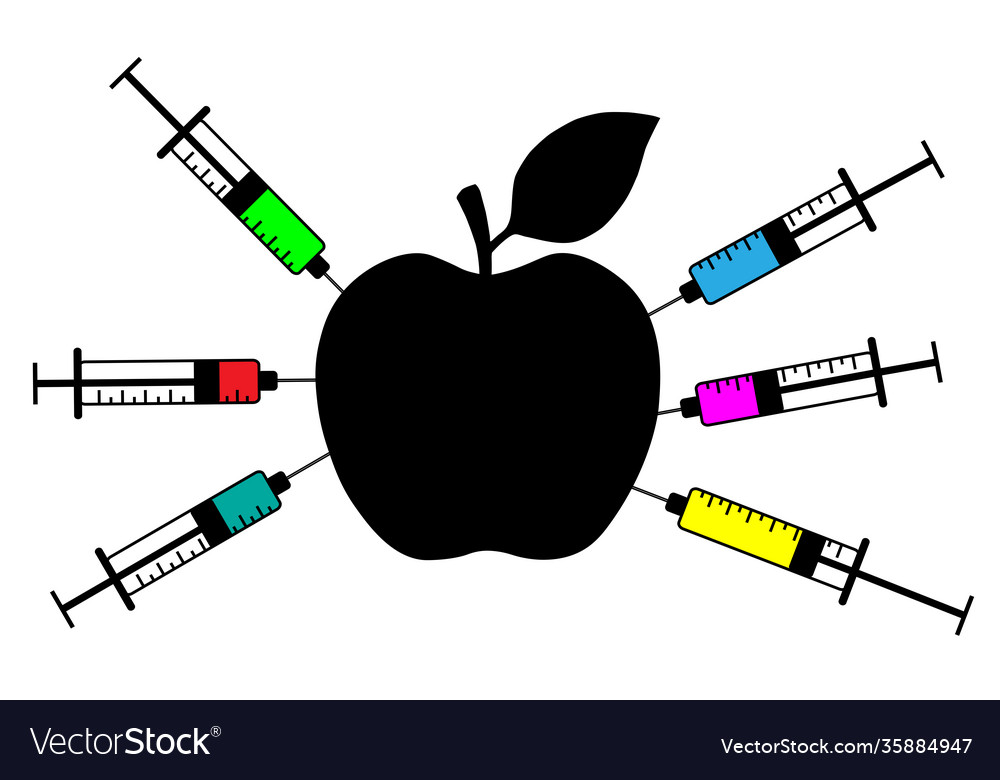 Apfel mit einer genetisch veränderten Spritze vector image Apfel mit einer genetisch veränderten Spritze