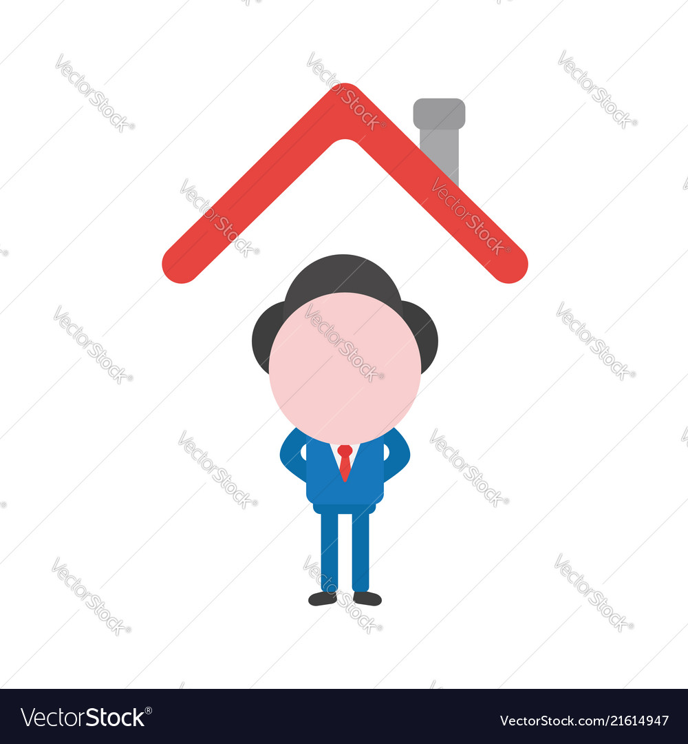 Businessman character standing under house roof