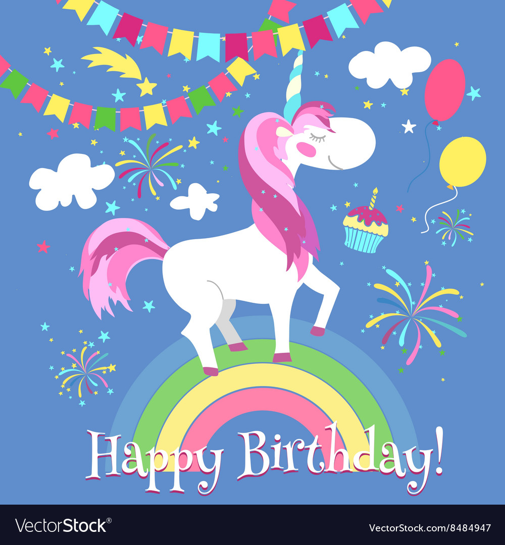 Happy Birthday Card With Cute Unicorn Royalty Free Vector 