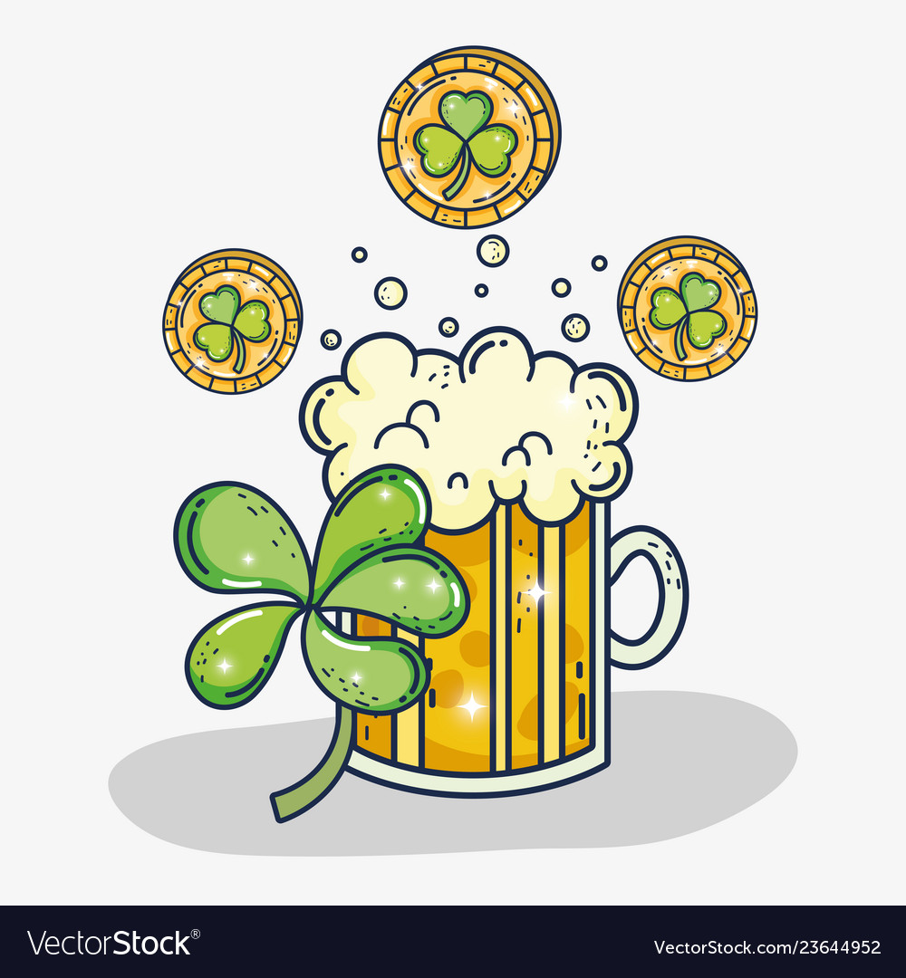 Beer glass with coins and clover to celebration Vector Image