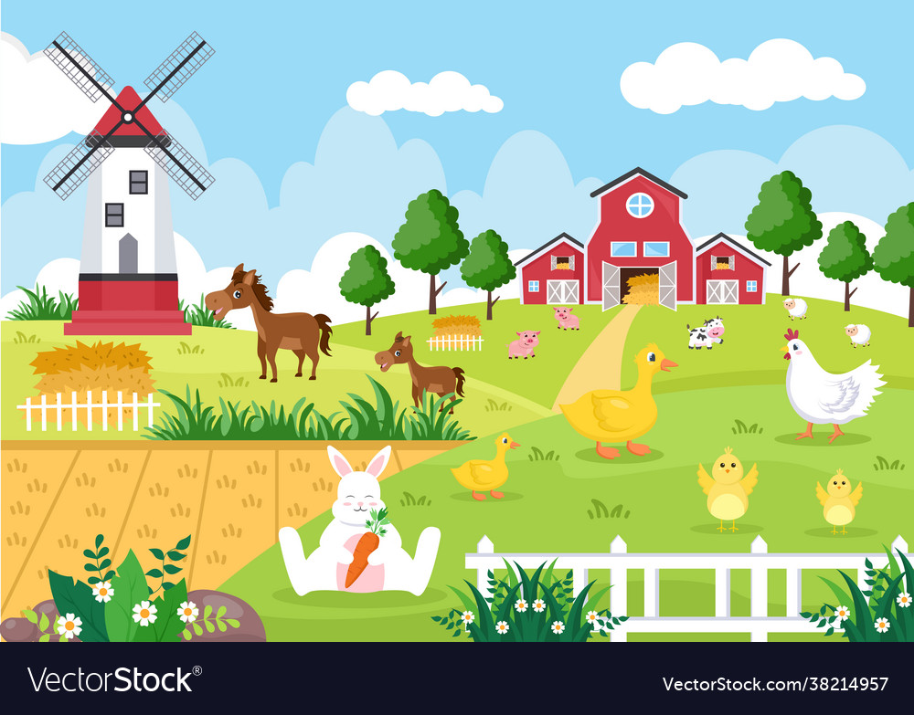 Cute cartoon farm animals with cow horse chicken