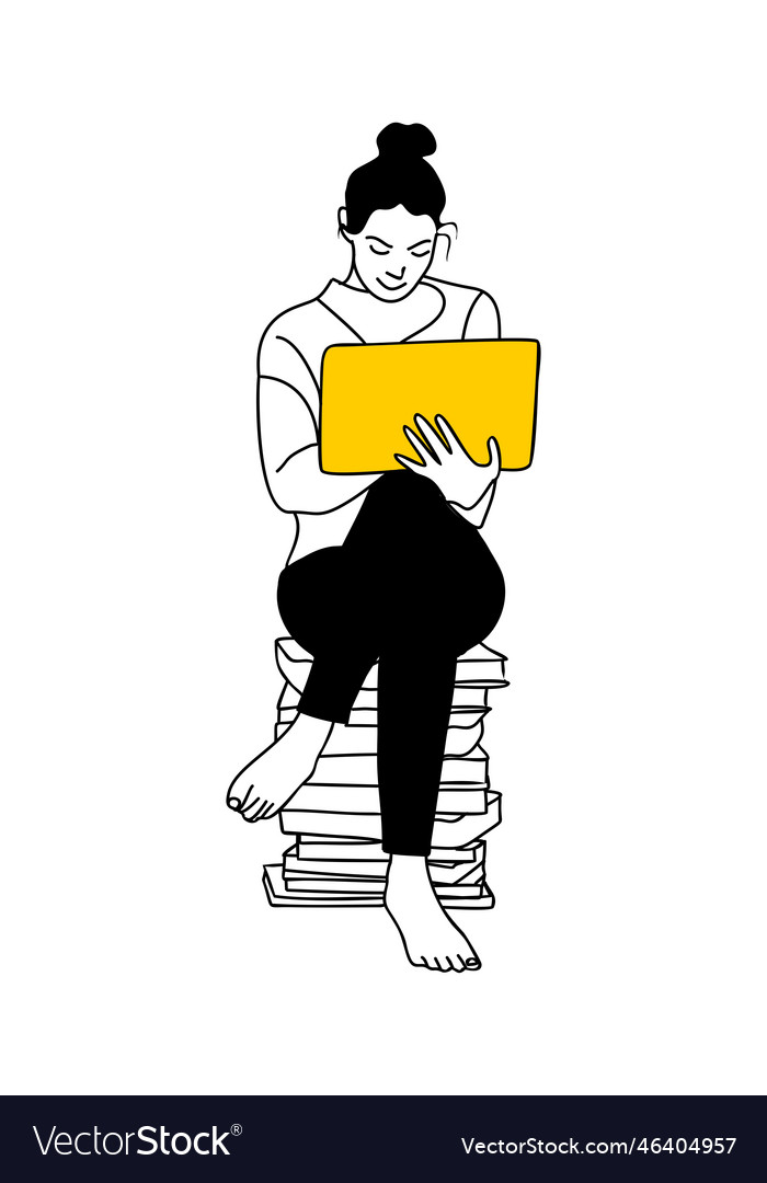 Lineare Zeichnung von jungen Mädchen mit Laptop vector image Lineare Zeichnung von jungen Mädchen mit Laptop