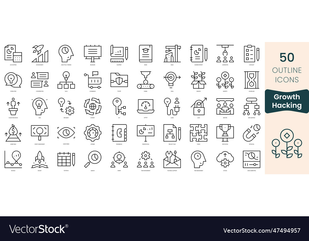 Set of growth hacking icons thin linear style vector image Set of growth hacking icons thin linear style