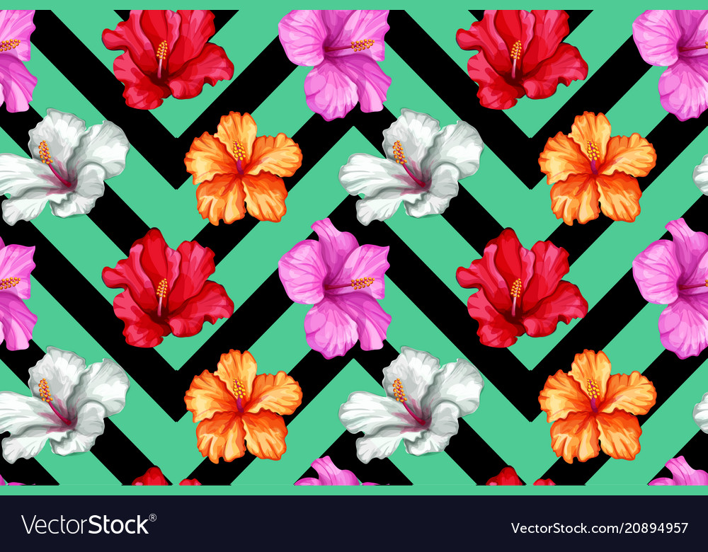 Tropical Leaves Hibiscus Seamless Pattern Vector Image