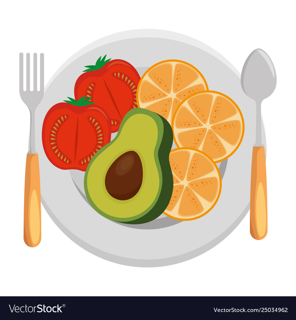 Dish And Cutlery With Fruits And Vegetables Vector Image