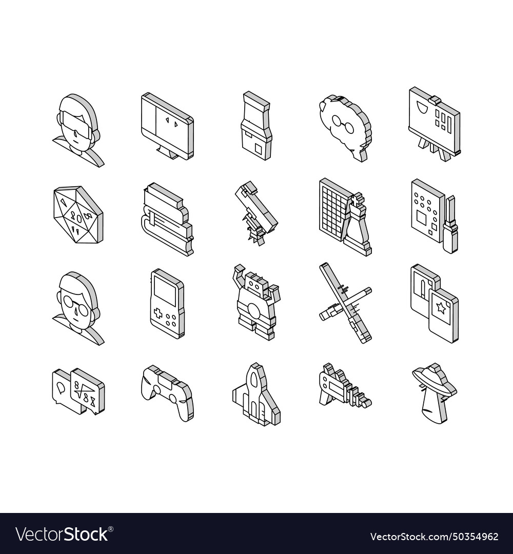 Geek nerd and gamer collection isometric icons vector image Geek nerd and gamer collection isometric icons