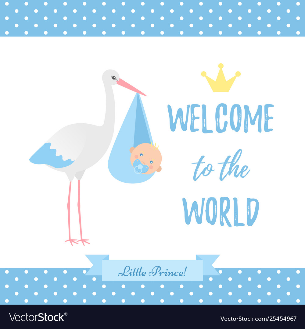 Baby shower boy card blue banner with stork