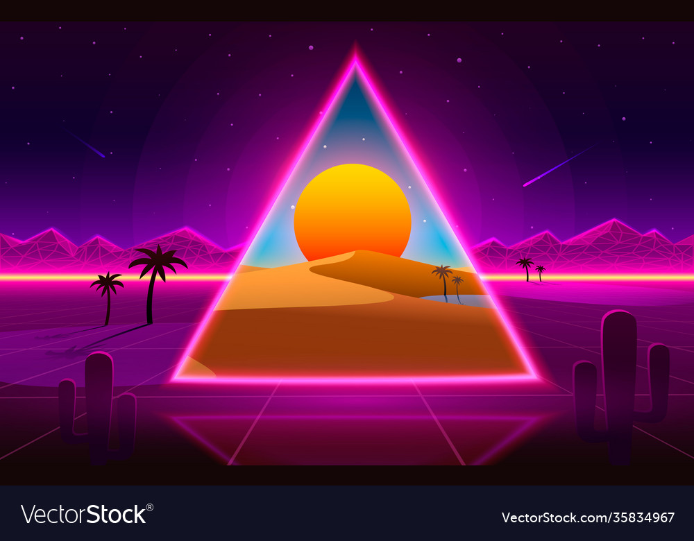 Retro wave desert neon cover with oasis and palm vector image Retro wave desert neon cover with oasis and palm
