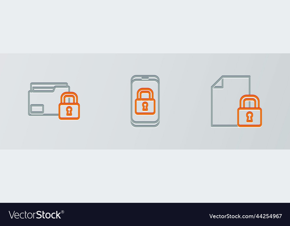 Set line document and lock folder mobile vector image Set line document and lock folder mobile