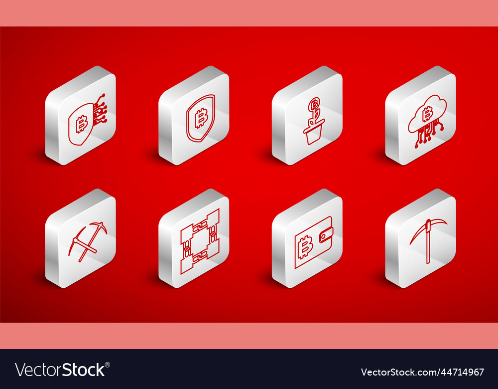 Set line pickaxe shield with bitcoin vector image Set line pickaxe shield with bitcoin