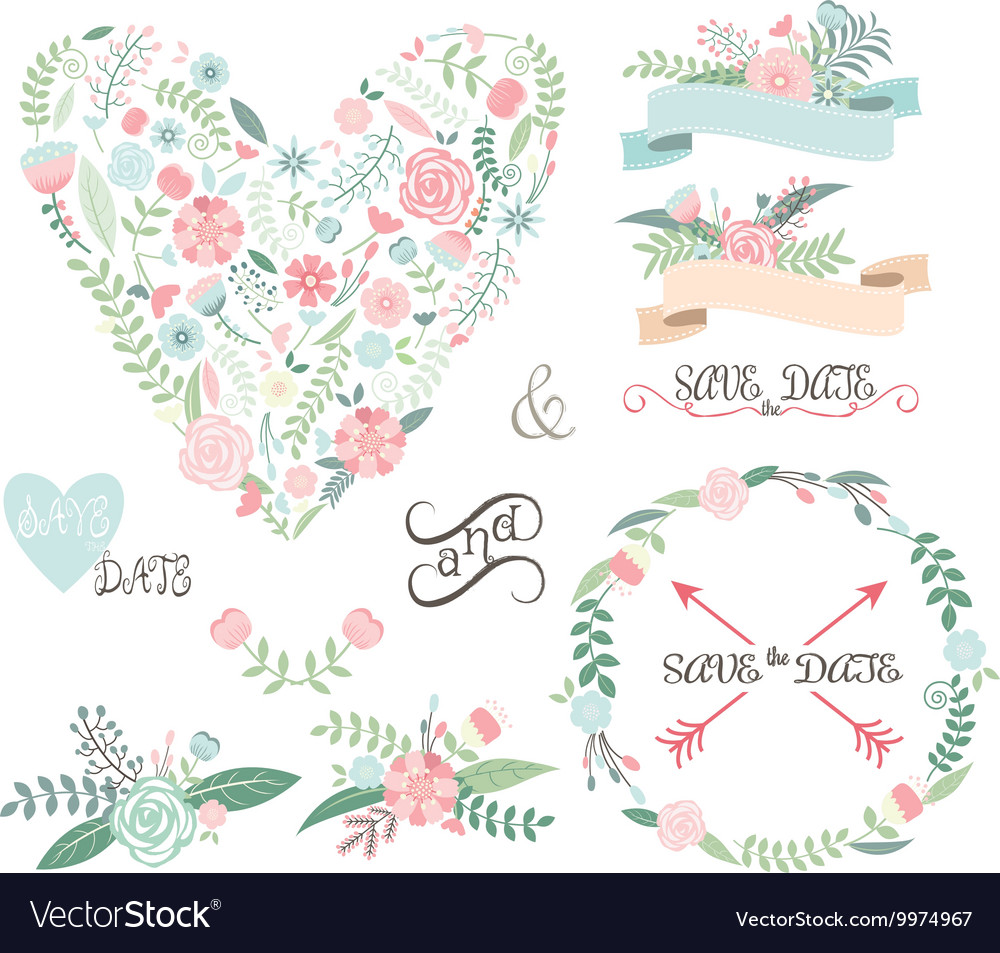 Wedding floral set labels ribbons hearts arrow