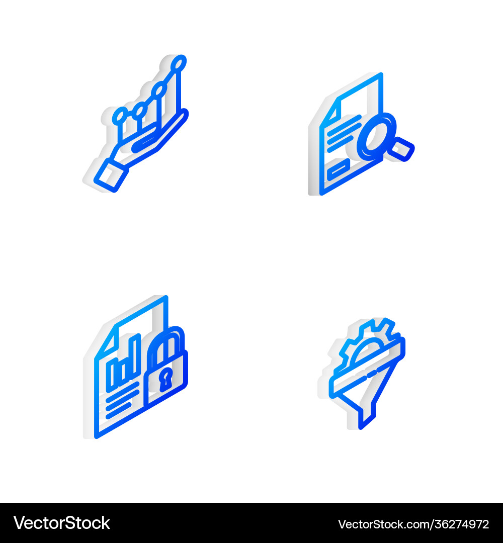 Set isometric line document with search pie chart Vector Image