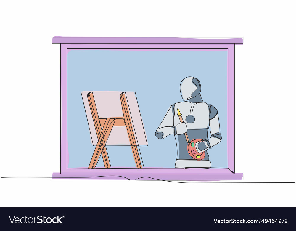 Single continuous line drawing robot painter vector image Single continuous line drawing robot painter
