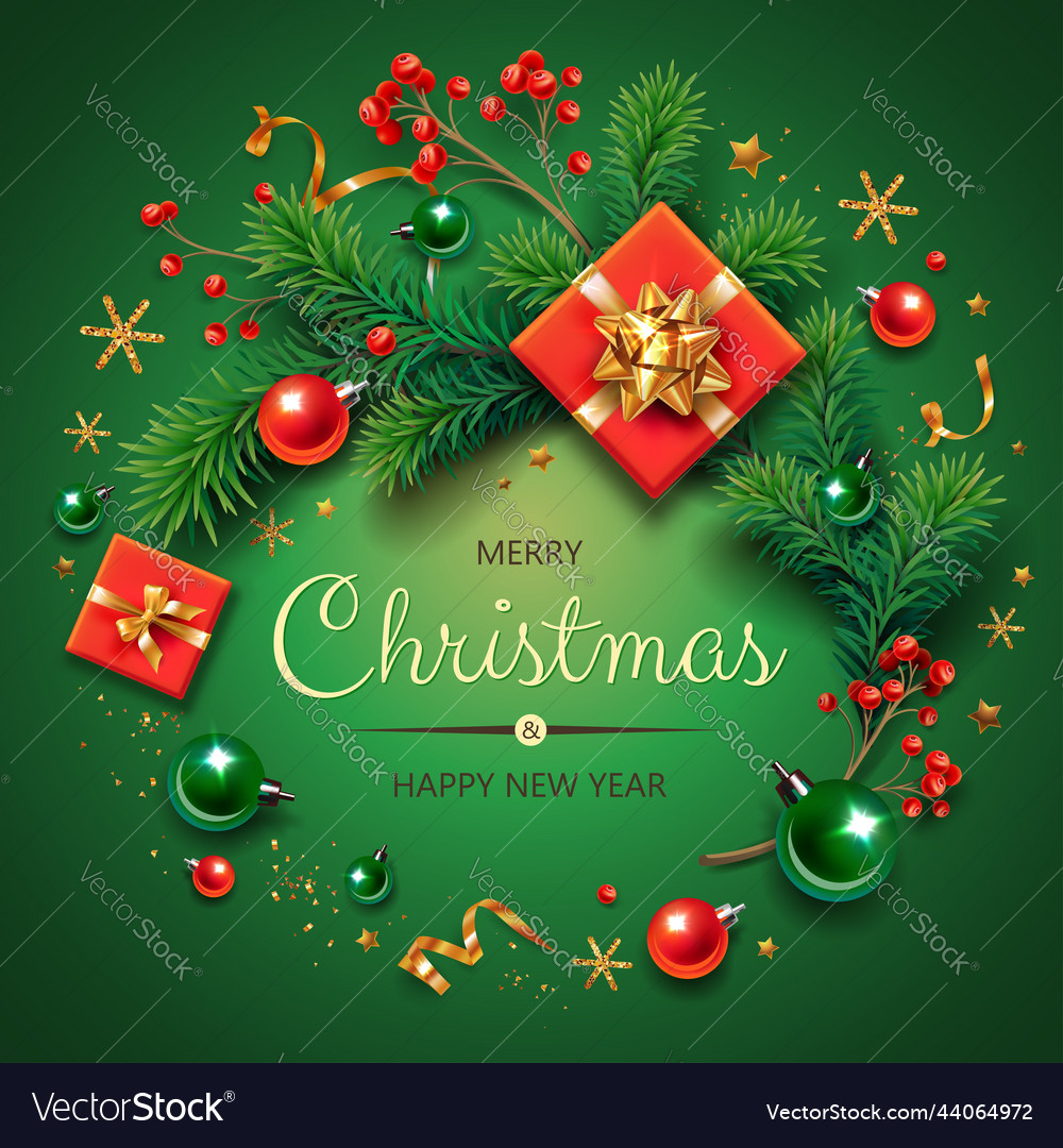 Square banner with gold and red christmas symbols Vector Image