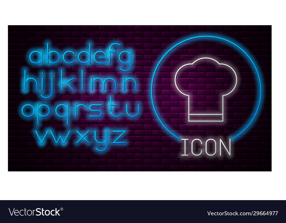 Glowing neon line chef hat icon isolated on brick