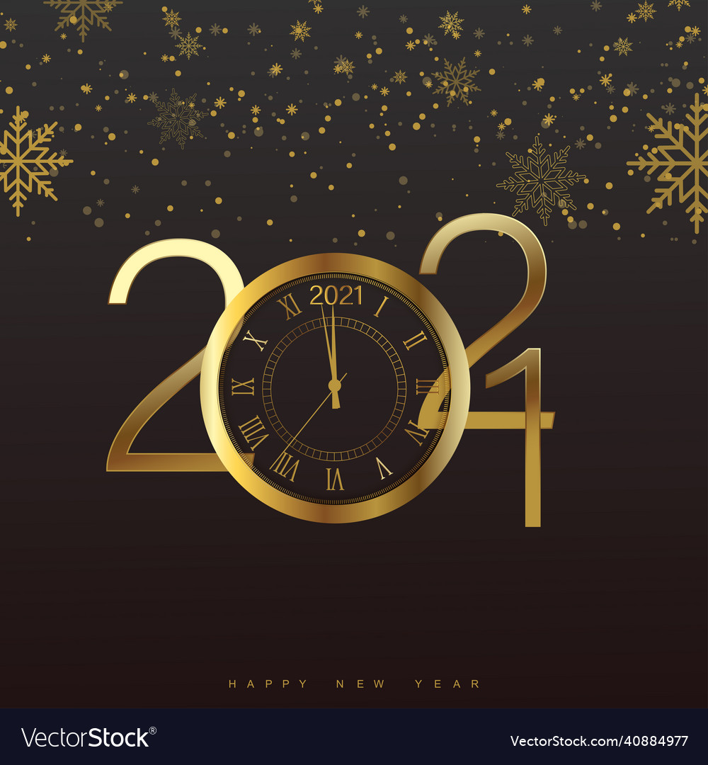 Happy 2021 year card with golden watch vector image Happy 2021 year card with golden watch