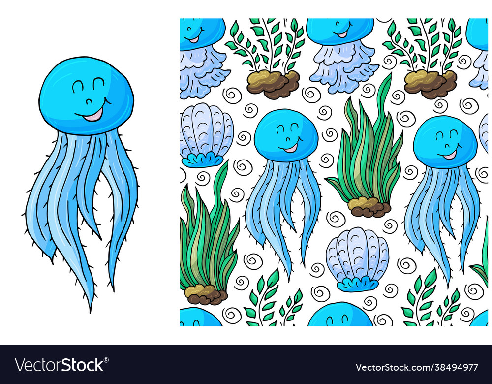 Set element and seamless pattern jellyfish vector image Set element and seamless pattern jellyfish