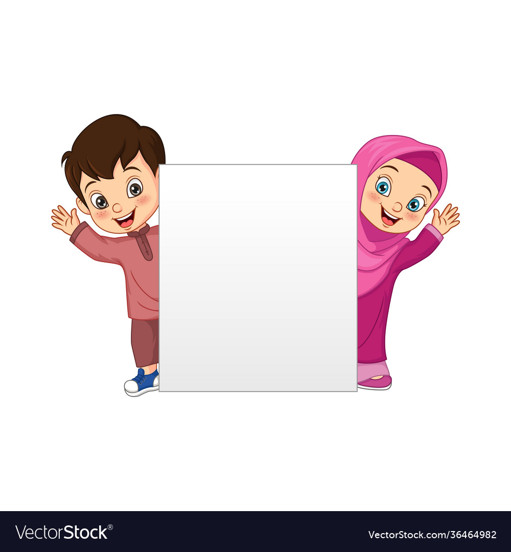 Happy muslim kid cartoon with blank sign Vector Image