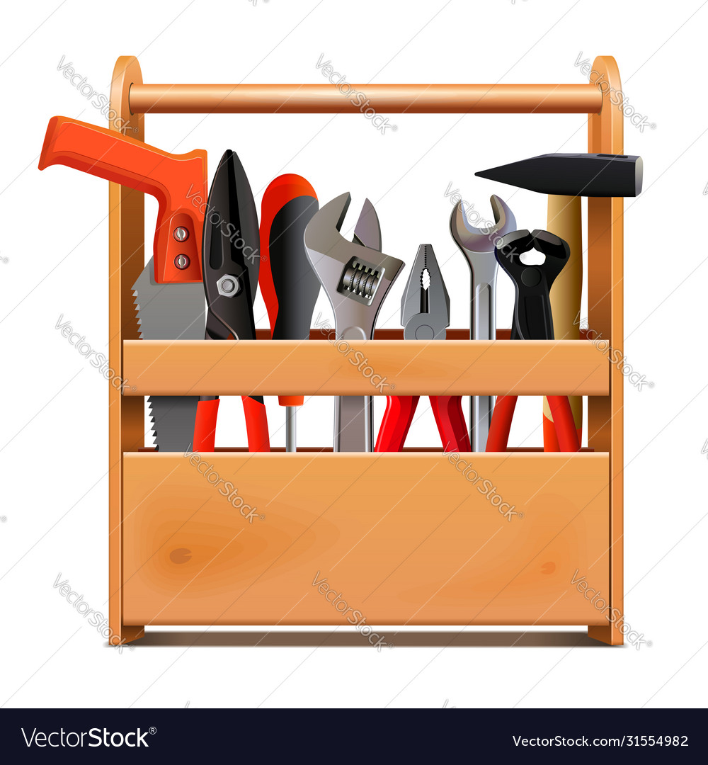 Narrow wooden toolbox with tools Royalty Free Vector Image