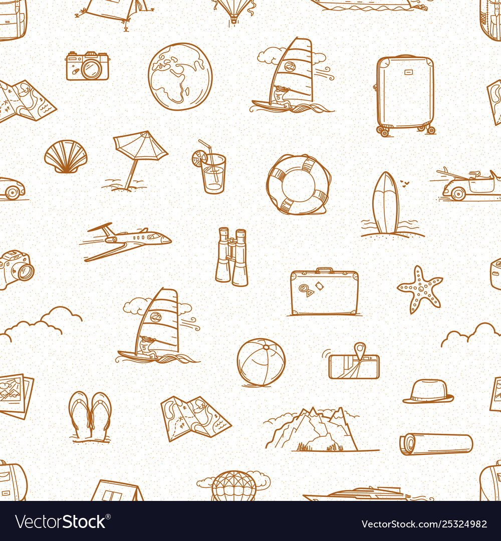 Summer travel doodle style elements seamless vector image Summer travel doodle style elements seamless