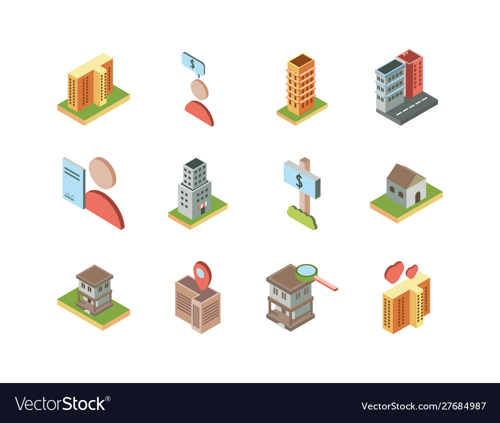 Isometric Buildings Real Estate Location Icons Set