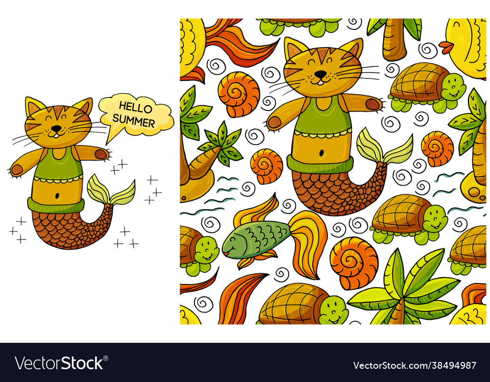Set element and seamless pattern mermaid cat vector image Set element and seamless pattern mermaid cat