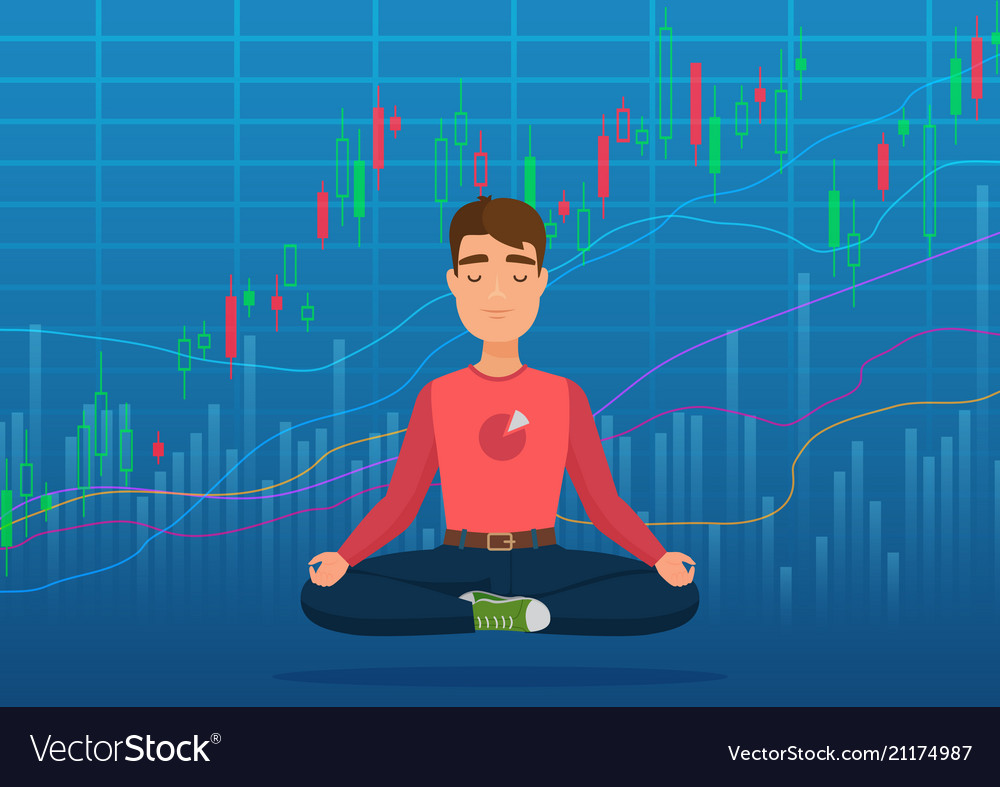 Young happy man trader meditating under crypto or Vector Image