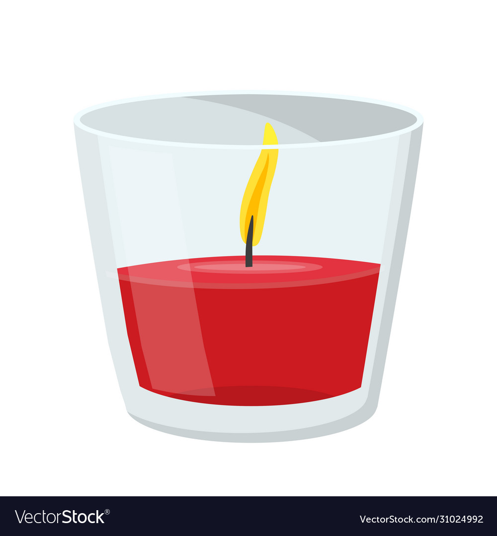 Burning red wax candle in transparent glass jar Vector Image