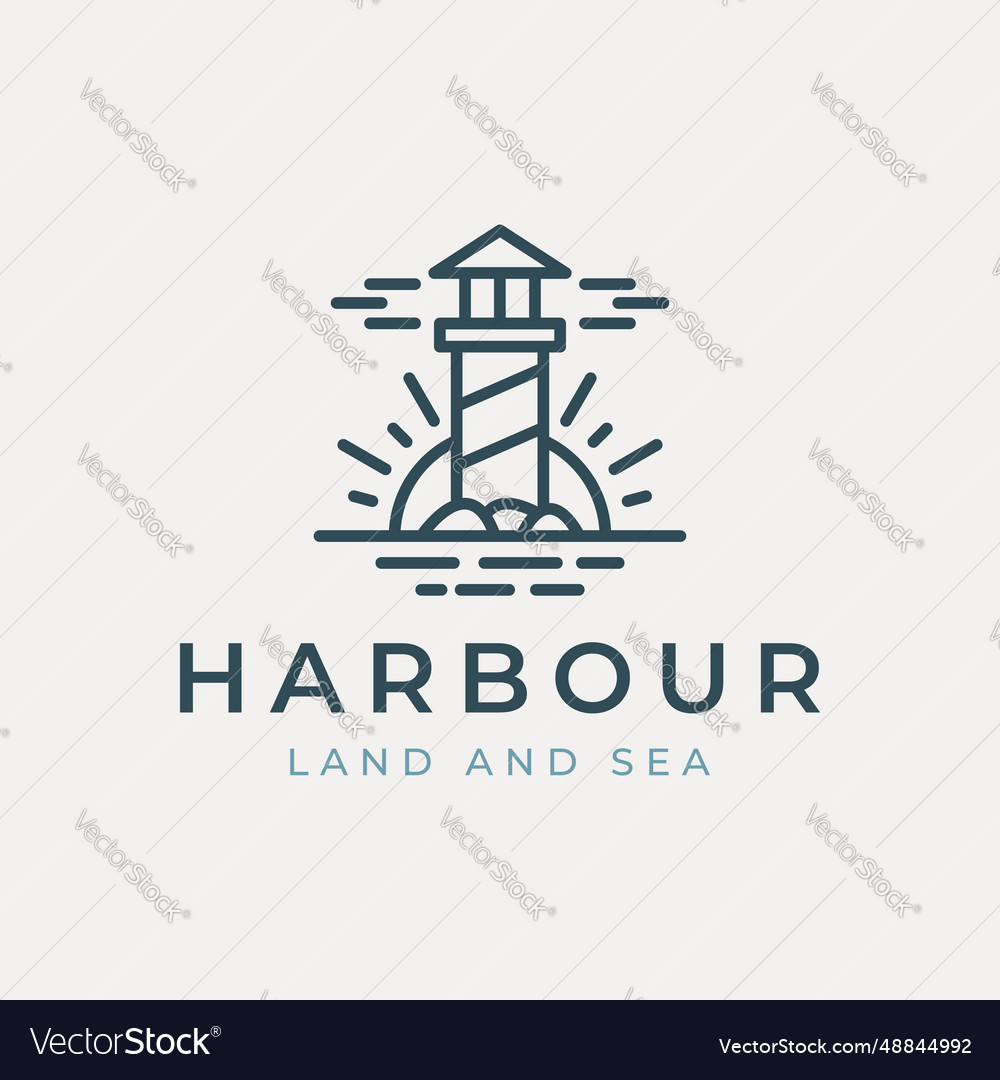 Lighthouse logo line art with sun stone and sea Vector Image