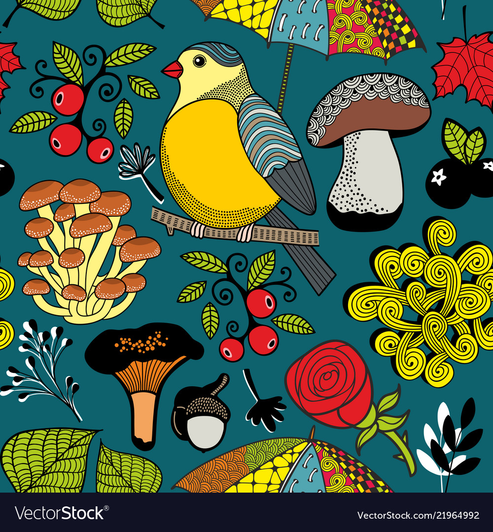 Seamless pattern with autumn forest and bird