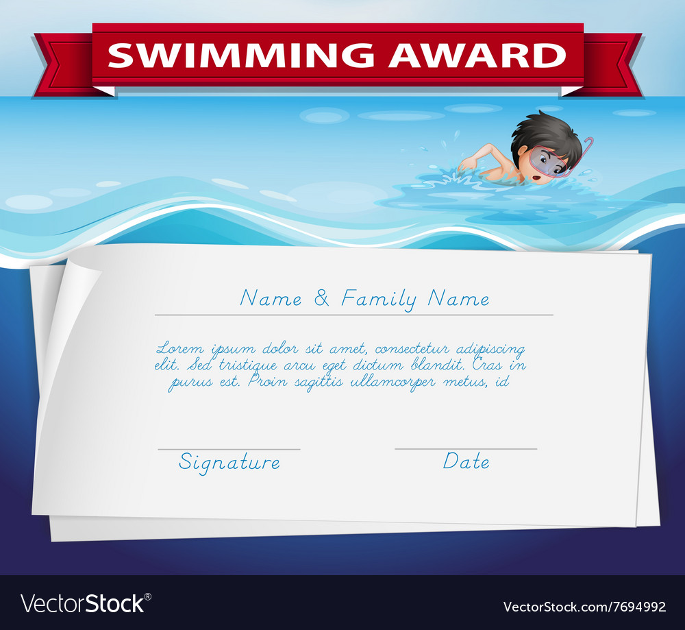 Template of certificate for swimming award Vector Image For Swimming Award Certificate Template