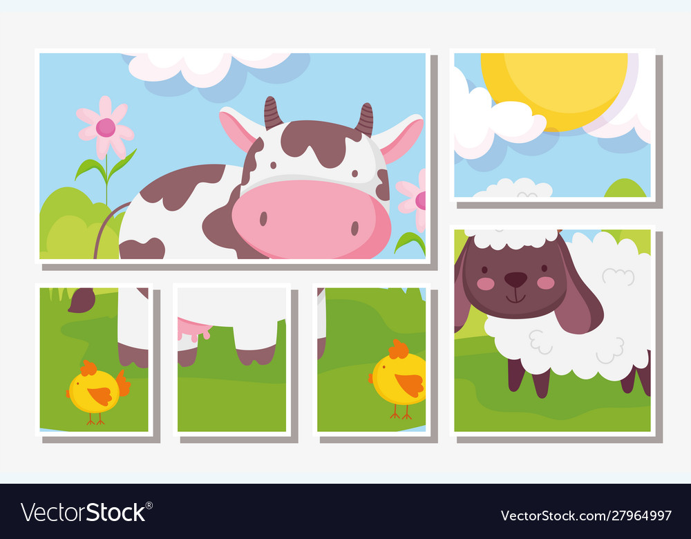 Cow And Sheep Flowers Meadow Farm Animals Vector Image