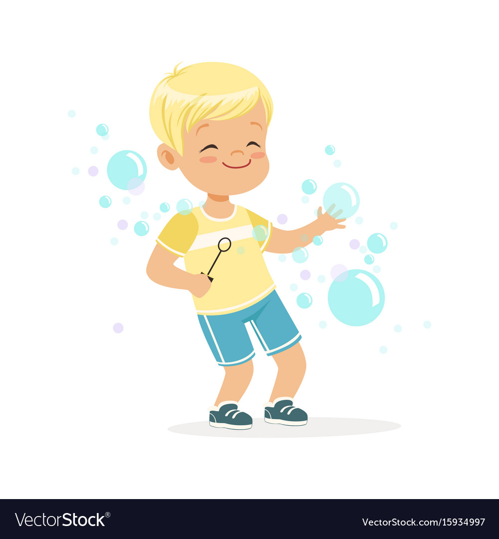 Cute little blonde boy playing bubbles Royalty Free Vector