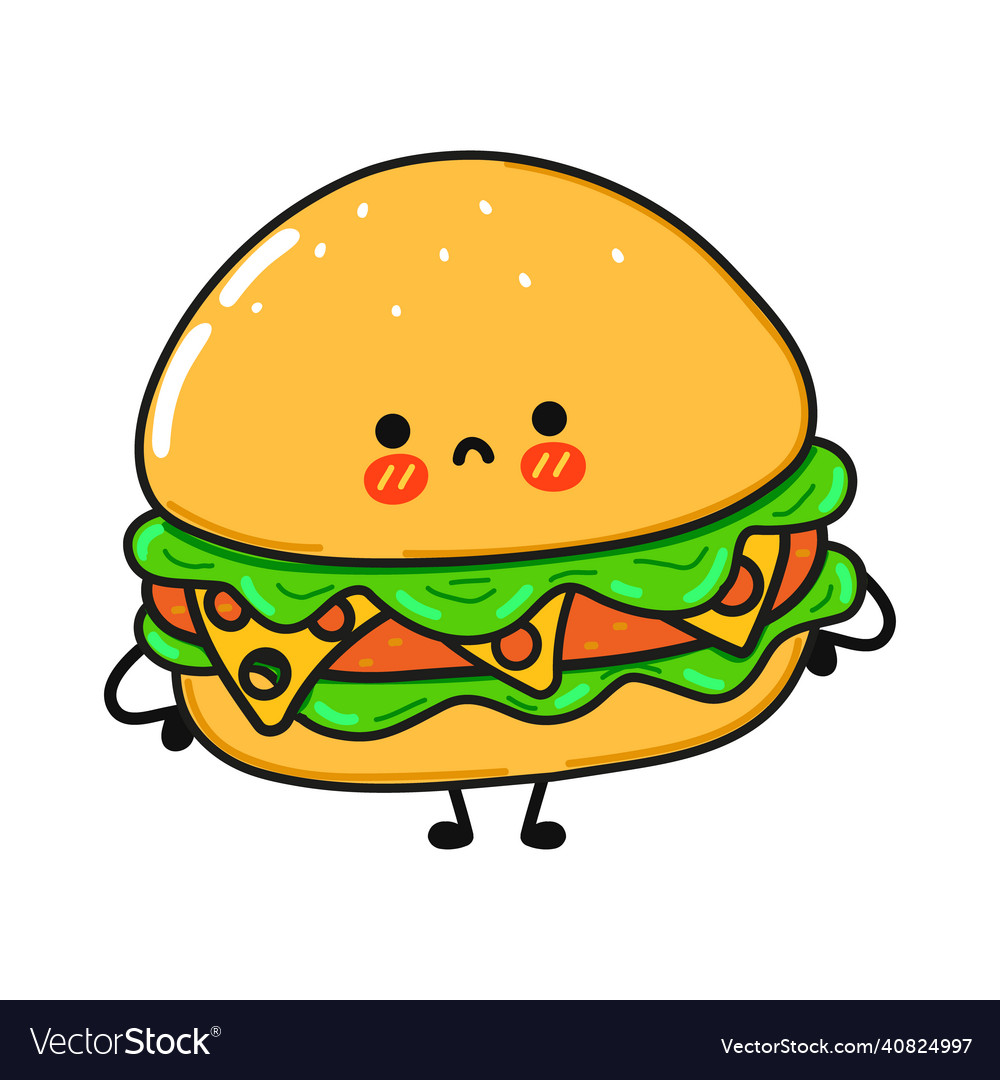 Cute sad hamburger character hand drawn cartoon Vector Image