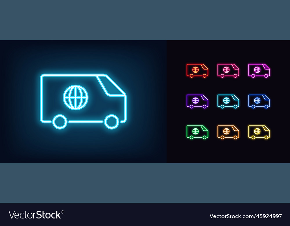 Outline neon delivery wagon icon set glowing