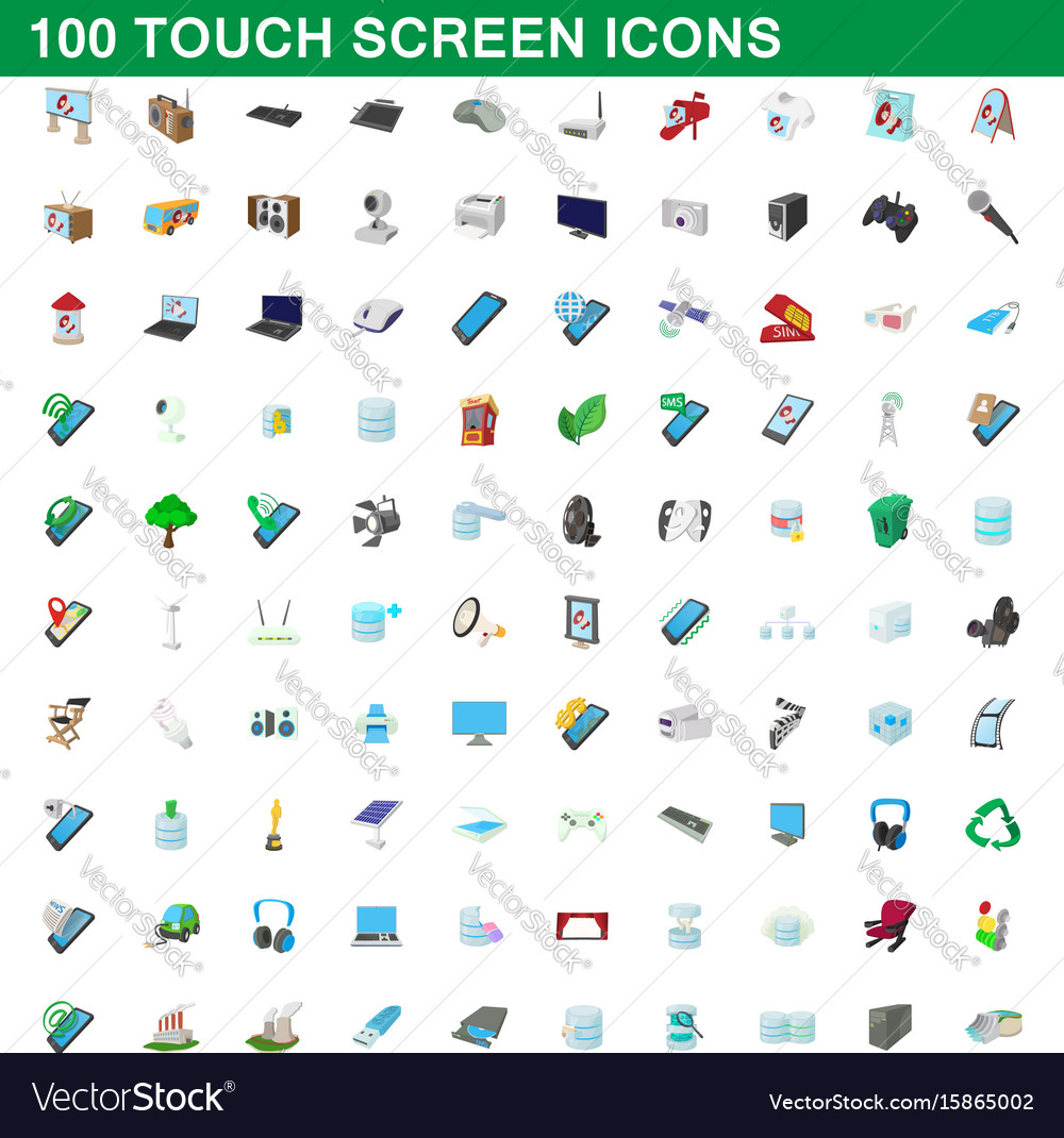 100 touch screen icons set cartoon style Vector Image