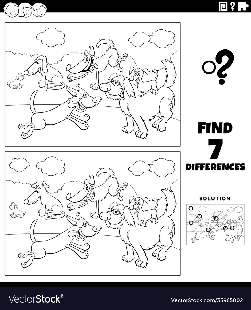 Differences game with happy dogs coloring book Vector Image