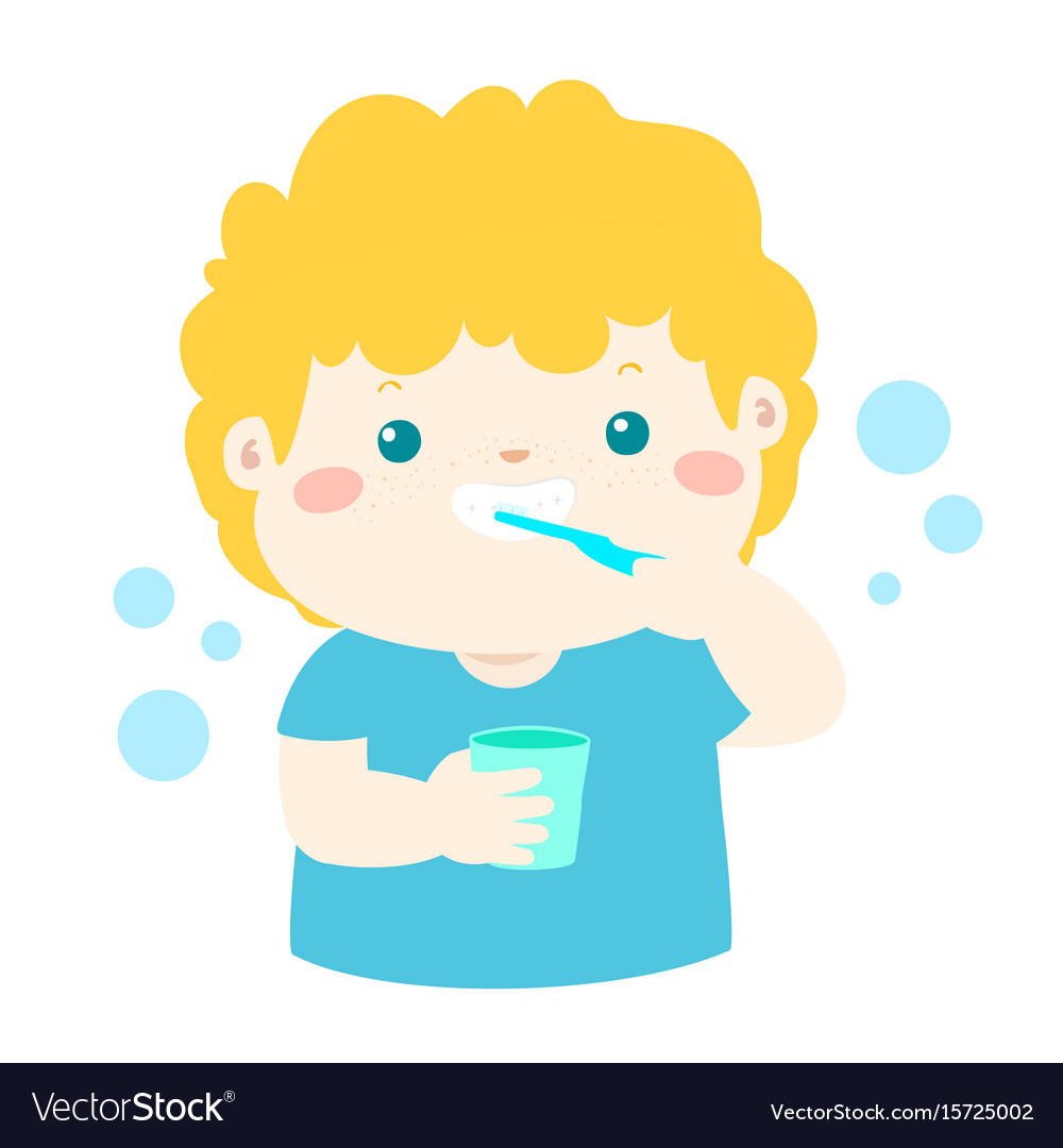 Happy boy brushing teeth cartoon Royalty Free Vector Image