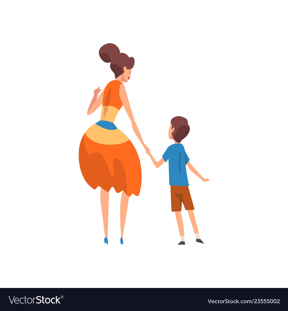 Mother holding her son by hand back view Vector Image