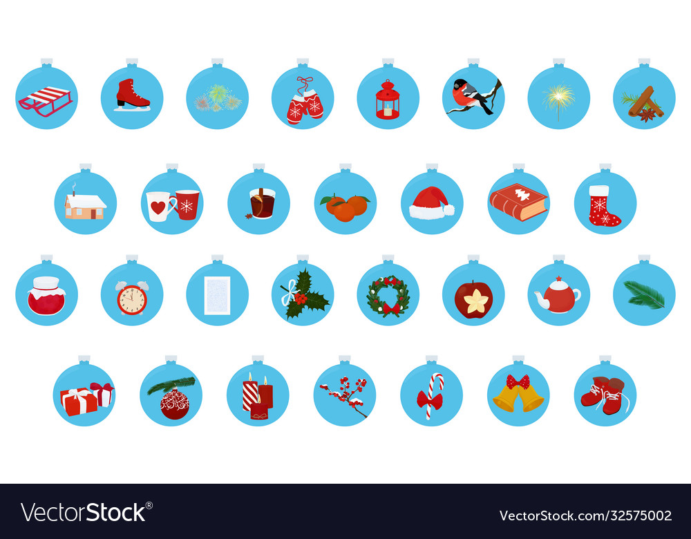 Set new year icons in a blue christmas ball