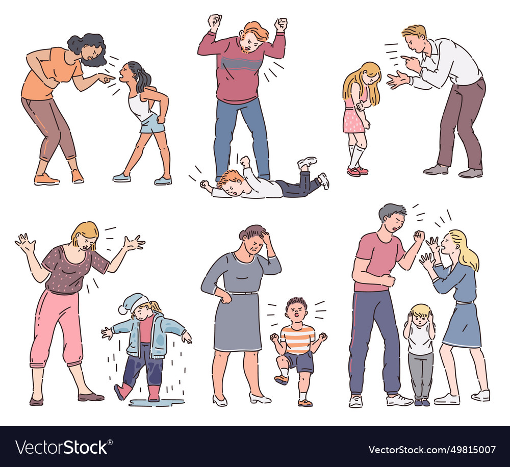 Set of angry parent with emotional child Vector Image