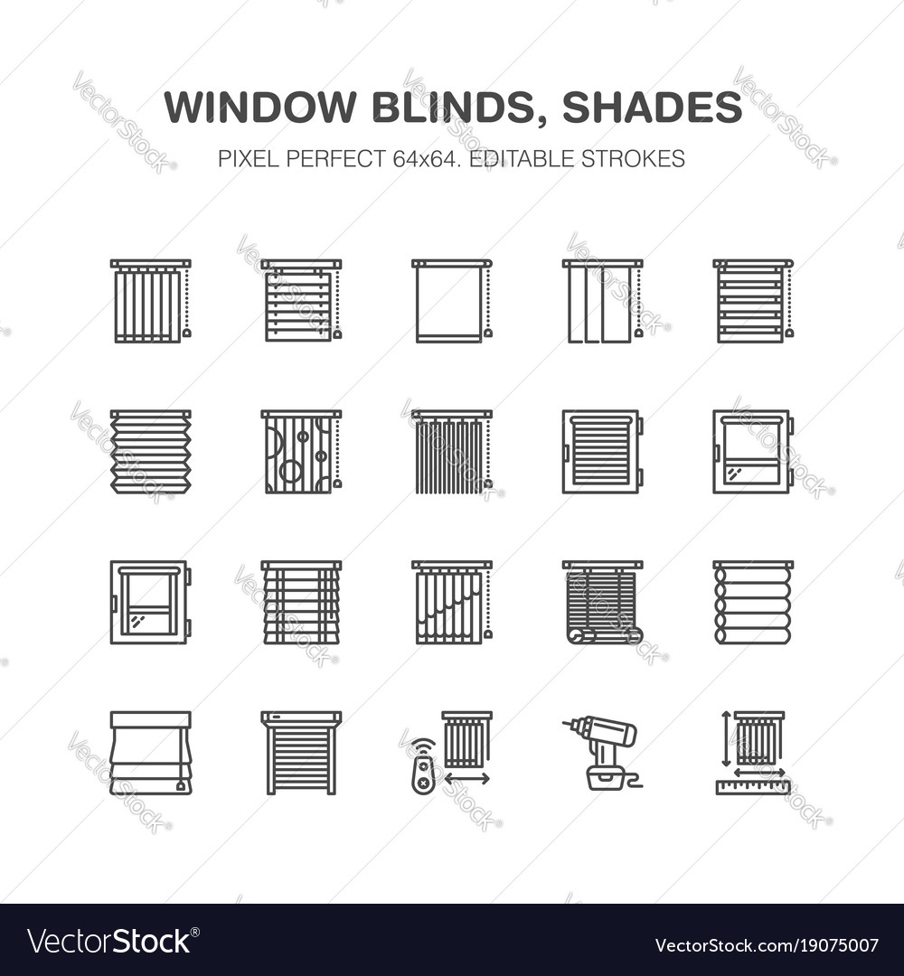 Window blinds shades line icons various room